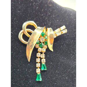 Vintage Signed Scitarelli Emerald Green Rhinestone Brooch GP Austrian Crystal